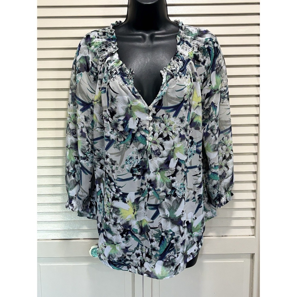Ana Green/Gray/Purple Floral Chiffon 3/4 Sleeve Blouse Size M Elastic Waist